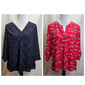 Floral V-Neck Women Tops - Navy and Red